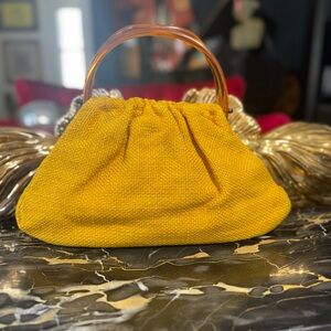 Vintage woven tweed burlap gathered clutch handbag with plastic handles